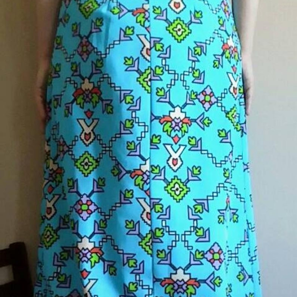 60's Cheongsam Turquoise Aztec Designer Dress - Picture 3 of 9